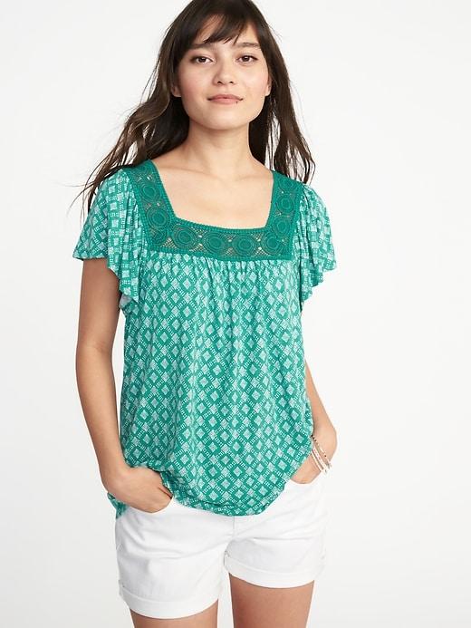 Old Navy Womens Printed Square-neck Crochet-trim Top For Women Teal Size Xxl