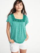 Old Navy Womens Printed Square-neck Crochet-trim Top For Women Teal Size Xxl