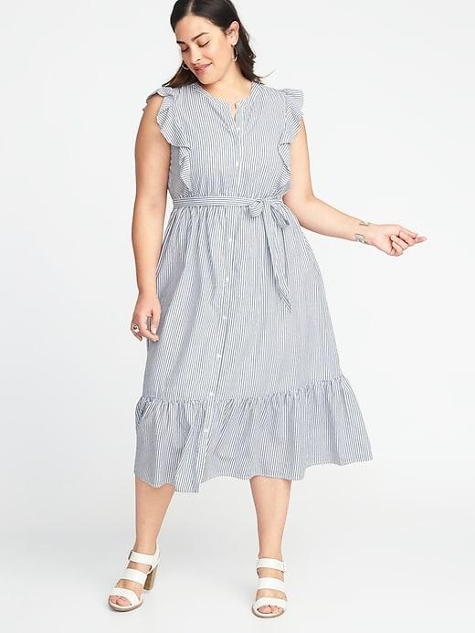 Old Navy Womens Tie-belt Plus-size No-peek Midi Shirt Dress Blue/white Stripe Size 1x