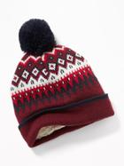 Old Navy Mens Patterned Pom-pom Beanie For Men Dark Red Fair Isle Size One Size