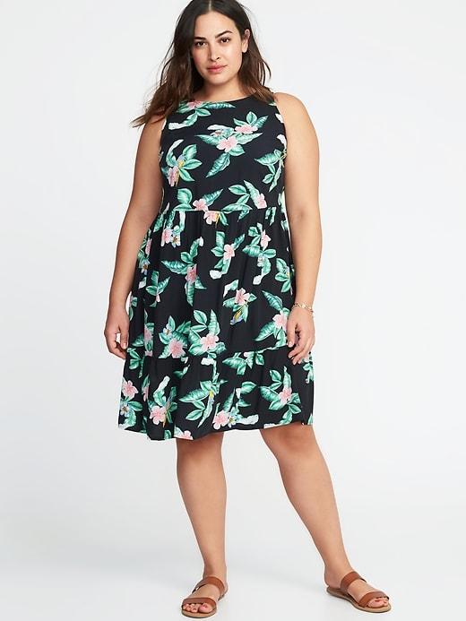 Old Navy Womens Plus-size Sleeveless Ruffle-hem Trapeze Dress Black Print Size 1x