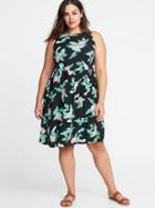 Old Navy Womens Plus-size Sleeveless Ruffle-hem Trapeze Dress Black Print Size 1x