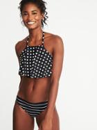 Old Navy Womens High-neck Ruffle-trim Swim Top For Women Black Dots Size S