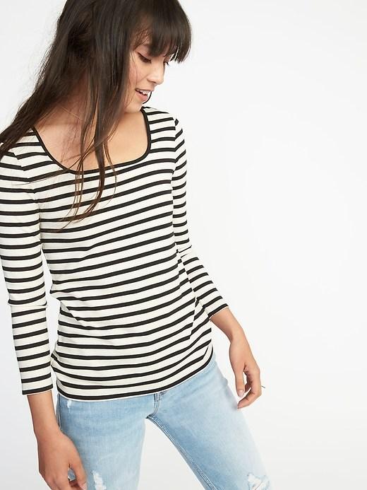 Old Navy Womens Slim-fit Square-neck Tee For Women White Stripe Size S