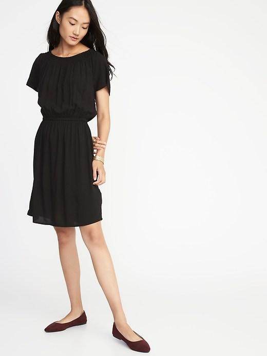 Old Navy Womens Waist-defined Smocked-neck Dress For Women Black Size L
