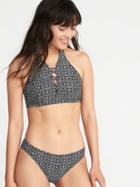 Old Navy Womens High-neck Lace-up Halter Swim Top For Women Black Geo Size L