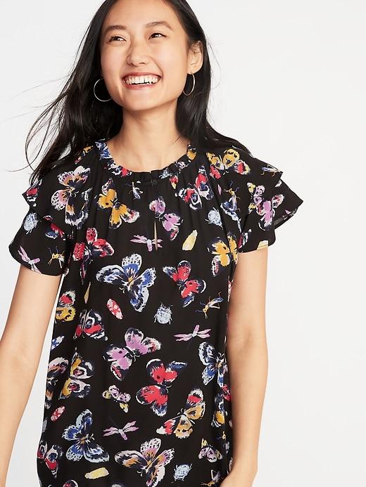 Butterfly-print Ruffle-trim Top For Women