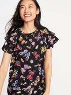 Butterfly-print Ruffle-trim Top For Women