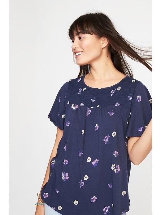 Old Navy Womens Smocked-yoke Flutter-sleeve Top For Women Blue Floral Size L