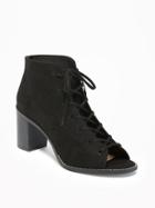 Old Navy Sueded Lace Up Peep Toe Booties For Women - Black