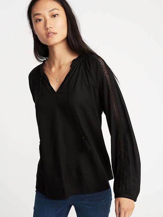 Old Navy Womens Relaxed Tassel-tie Lace-trim Top For Women Black Size S