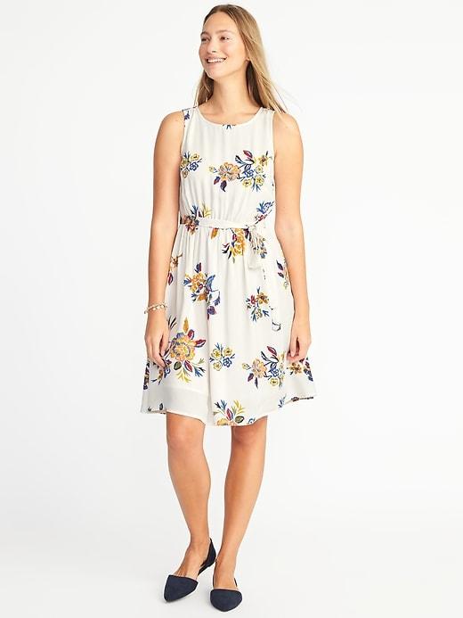 Old Navy Womens Waist-defined Tie-belt Dress For Women White Floral Size S