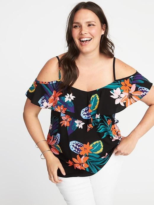 Old Navy Womens Plus-size Ruffled Cold-shoulder Top Black Floral Size 4x