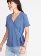 Old Navy Womens Textured Wrap-front Tie-hem Top For Women Cowboy Blue Size M