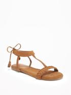 Old Navy Womens Sueded Tie-back T-strap Sandals For Women Cognac Brown Size 8