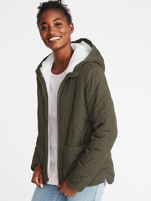 Old Navy Womens Quilted Sherpa-lined Hooded Jacket For Women Fennel Seed Size Xs