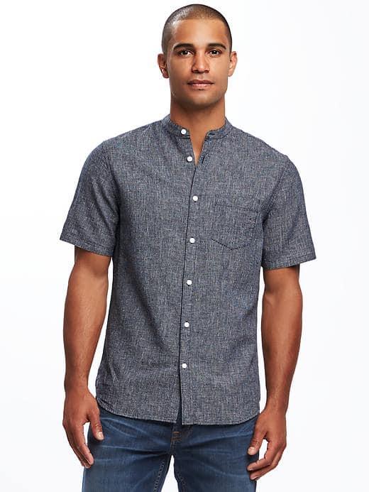 Old Navy Slim Fit Banded Collar Linen Blend Shirt For Men - Indigo