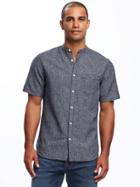 Old Navy Slim Fit Banded Collar Linen Blend Shirt For Men - Indigo