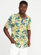 Old Navy Mens Slim-fit Printed Built-in Flex Getaway Shirt For Men Yellow Floral Size S