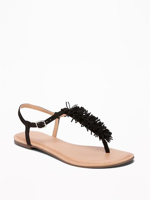 Old Navy Womens Sueded Fringe T-strap Sandals For Women Blackjack Size 6