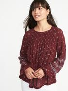 Old Navy Womens Smocked-yoke Printed Swing Blouse For Women Burgundy Combo Size L