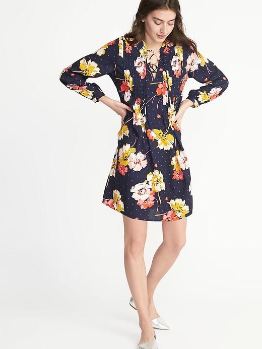Old Navy Womens Lace-up-yoke Swing Dress For Women Navy Floral Size Xl