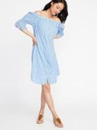 Old Navy Womens Off-the-shoulder Button-front Gingham Dress For Women Blue Gingham Size L