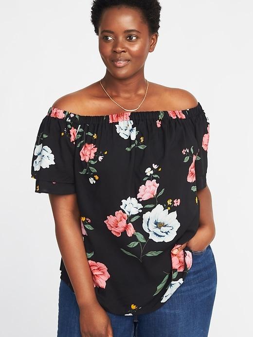 Old Navy Womens Off-the-shoulder Plus-size Ruffle-sleeve Swing Top Black Floral Size 1x