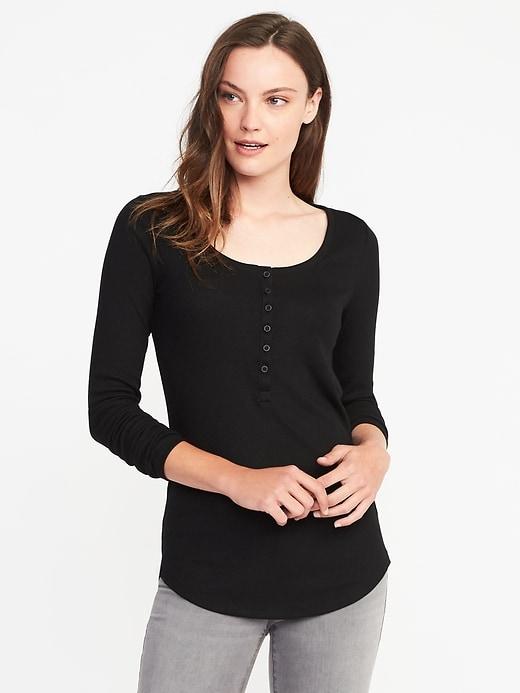 Old Navy Womens Slim-fit Rib-knit Henley For Women Black Size S