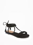 Old Navy Womens Sueded Tie-back T-strap Sandals For Women Black Black Size 9