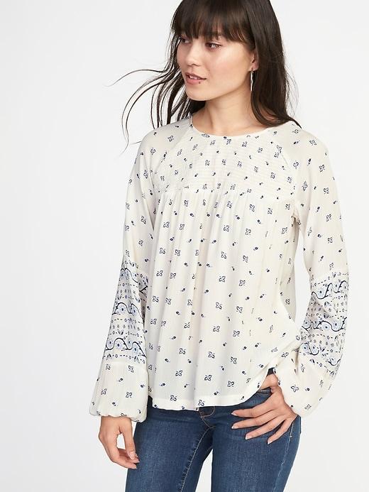 Old Navy Womens Smocked-yoke Printed Swing Blouse For Women White Size L