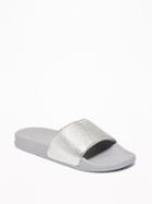 Old Navy Womens Metallic Faux-leather Pool Slide Sandals For Women Silver Size 6/7