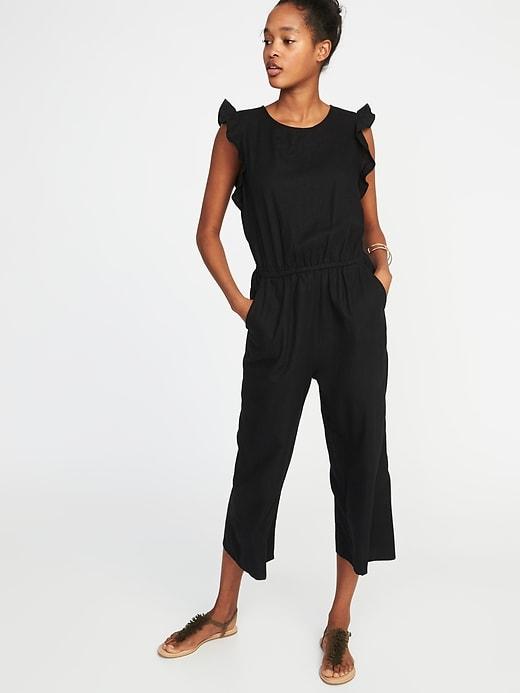 Old Navy Womens Sleeveless Ruffle-trim Linen-blend Utility Romper For Women Blackjack Size S