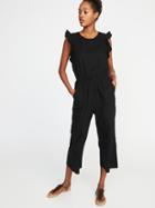 Old Navy Womens Sleeveless Ruffle-trim Linen-blend Utility Romper For Women Blackjack Size S