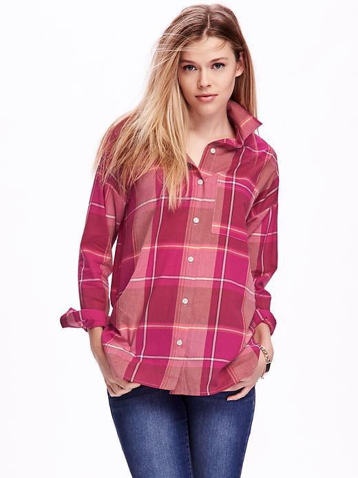 Old Navy Plaid Boyfriend Shirt For Women - Strawberry Plaid