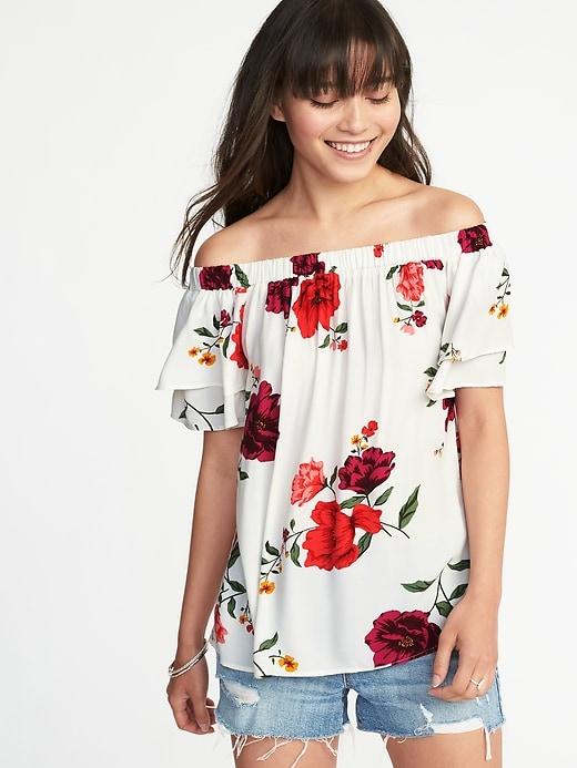 Old Navy Womens Off-the-shoulder Ruffle-sleeve Swing Top For Women White Floral Size S