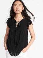 Old Navy Womens Relaxed Lace-yoke Cutwork Blouse For Women Blackjack Size S