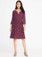 Old Navy Womens Waist-defined Bell-sleeve Dress For Women Purple Floral Size L