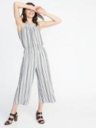 Old Navy Womens Waist-defined Sleeveless Linen-blend Jumpsuit For Women Blue Stripe Size Xl
