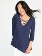 Old Navy Womens Relaxed Lace-up-yoke Sparkle-knit Top For Women Lost At Sea Navy Size M