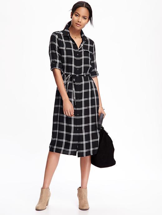 Old Navy Plaid Midi Shirt Dress For Women - Black Plaid