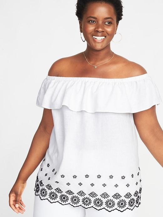 Old Navy Womens Off-the-shoulder Embroidered Plus-size Linen-blend Top Calla Lilies Size 4x