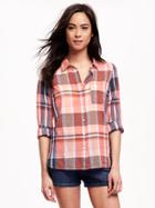 Old Navy Classic Semi Sheer Plaid Shirt For Women - Warm Multi