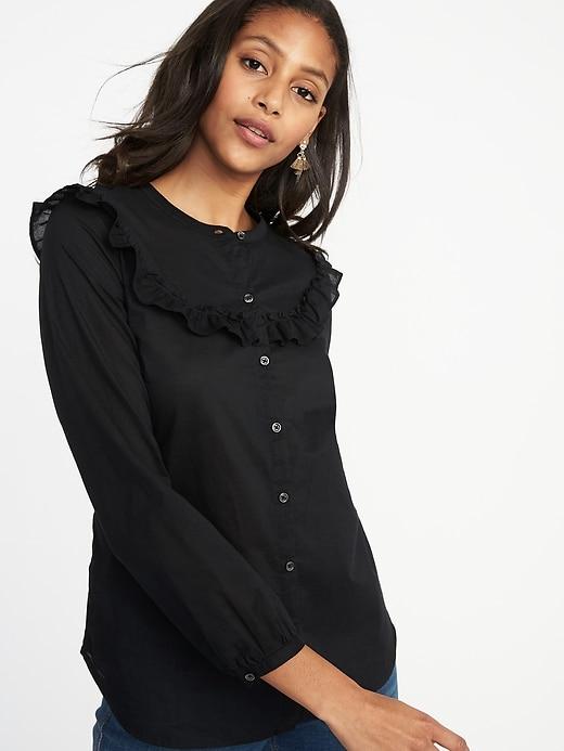 Old Navy Womens Relaxed Ruffle-trim Button-front Shirt For Women Black Size Xxl