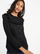 Old Navy Womens Relaxed Ruffle-trim Button-front Shirt For Women Black Size Xxl