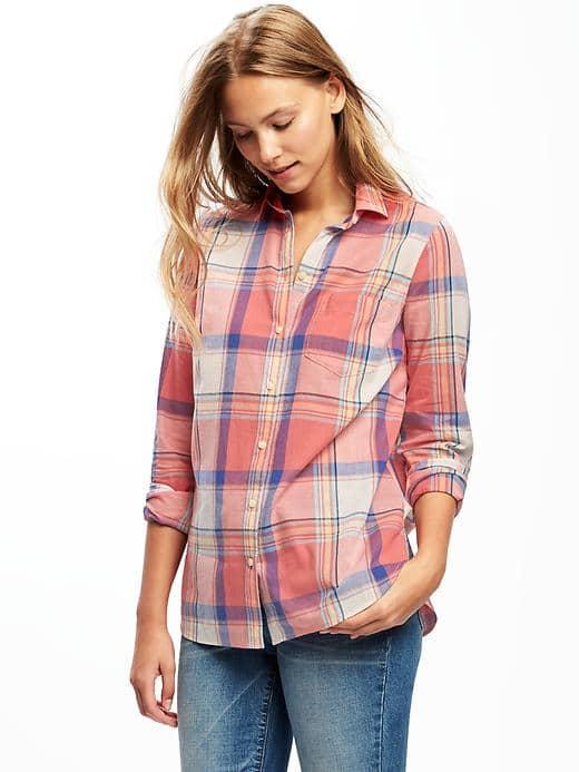 Old Navy Classic Plaid Shirt For Women - Happy Coral Plaid