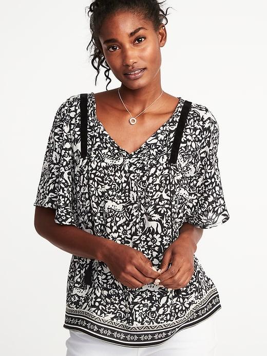 Old Navy Womens Printed Tie-neck Top For Women Black Print Size Xs