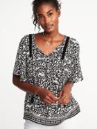 Old Navy Womens Printed Tie-neck Top For Women Black Print Size Xs