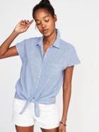 Old Navy Womens Relaxed Tie-front Linen-blend Shirt For Women Flamingo Size L