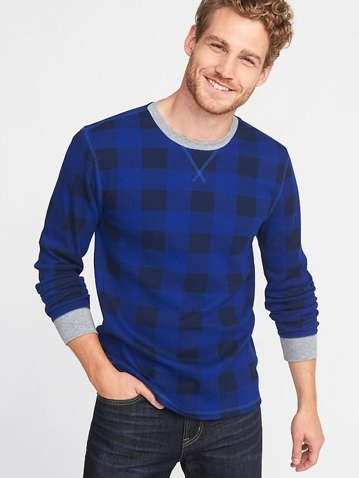 Old Navy Mens Built-in Flex Thermal-knit Tee For Men Blue Buffalo Plaid Size M
